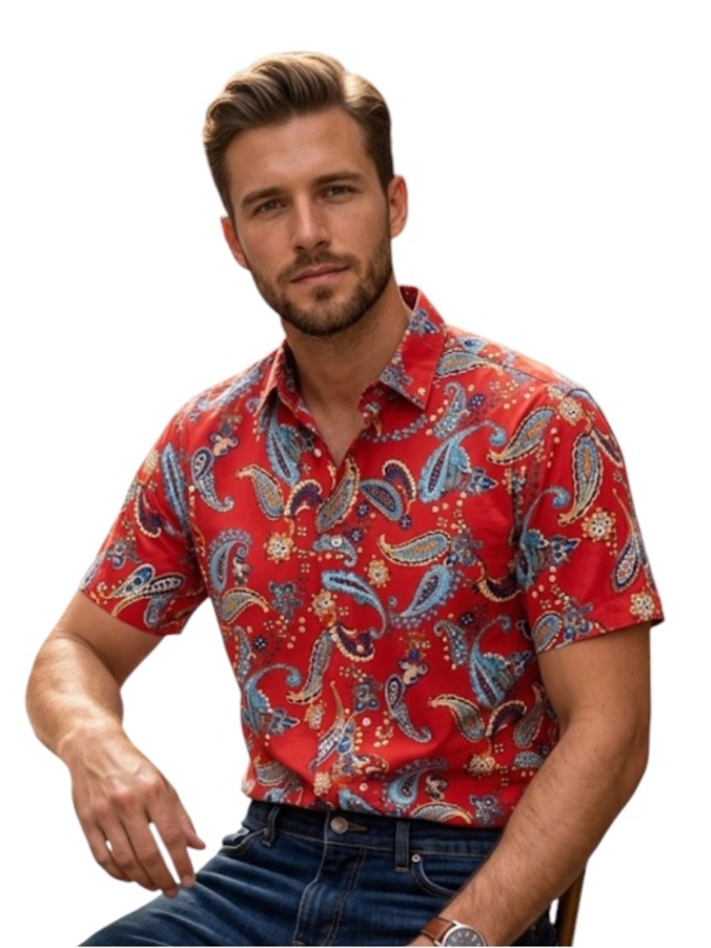Ralph Lauren Mens Large Red Paisley Short Sleeve Button Up Shirt
X